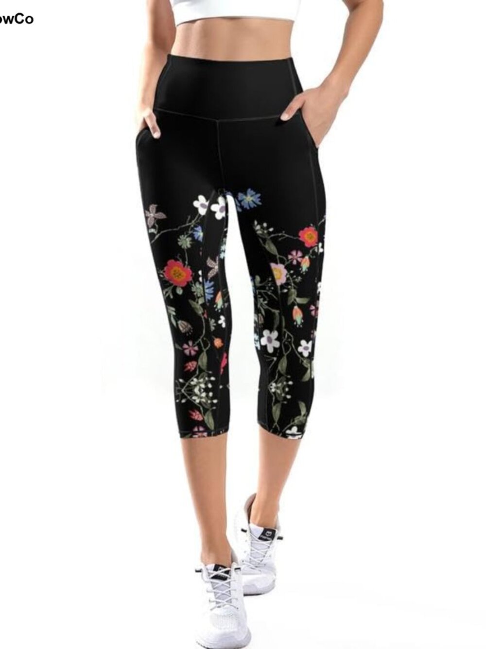 High Waist Printed Capri Leggings 4-Way Stretch Side Pockets Yoga Pants